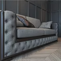 Elegant Gray Tufted Two Seater Sofa With Dark Paneled Walls Herringbone Floor And Pillows