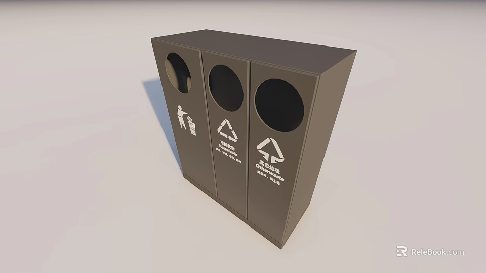 Public Facility Triple Compartment Trash Bin With Recycling Sorting Symbols 3d model 