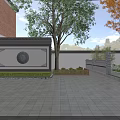 Detached Villa With Chinese Style Roof Glass Curtain Wall Stone Paved Courtyard And Potted Plants
