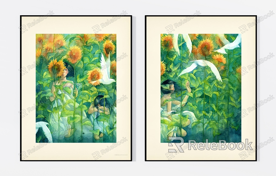 Modern Figure Painting Fresh Sunflower Flower Field Girl Illustration Pattern Double Hanging Painting model