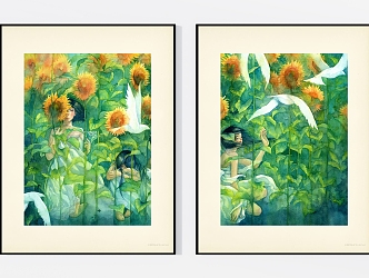 Modern Figure Painting Fresh Sunflower Flower Field Girl Illustration Pattern Double Hanging Painting 3d model