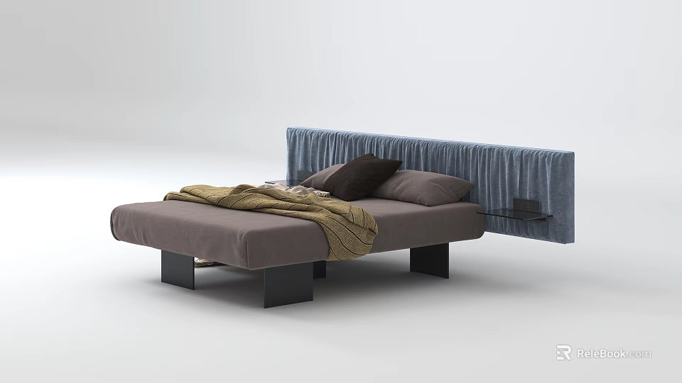Modern Double Bed With Gray Mattress Blue Headboard Brown Blanket And Black Pillow 3d model 