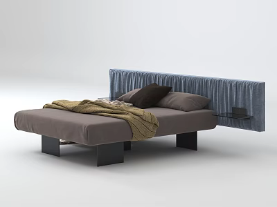 Modern Double Bed With Gray Mattress Blue Headboard Brown Blanket And Black Pillow 3d model