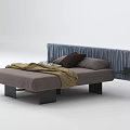 Modern Double Bed With Gray Mattress Blue Headboard Brown Blanket And Black Pillow