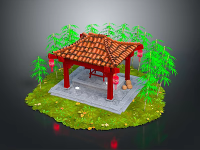 Chinese Style Pavilion With Red Tiled Roof Red Pillars And Bamboo Plants On Grass 3d model