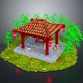 Chinese Style Pavilion With Red Tiled Roof Red Pillars And Bamboo Plants On Grass