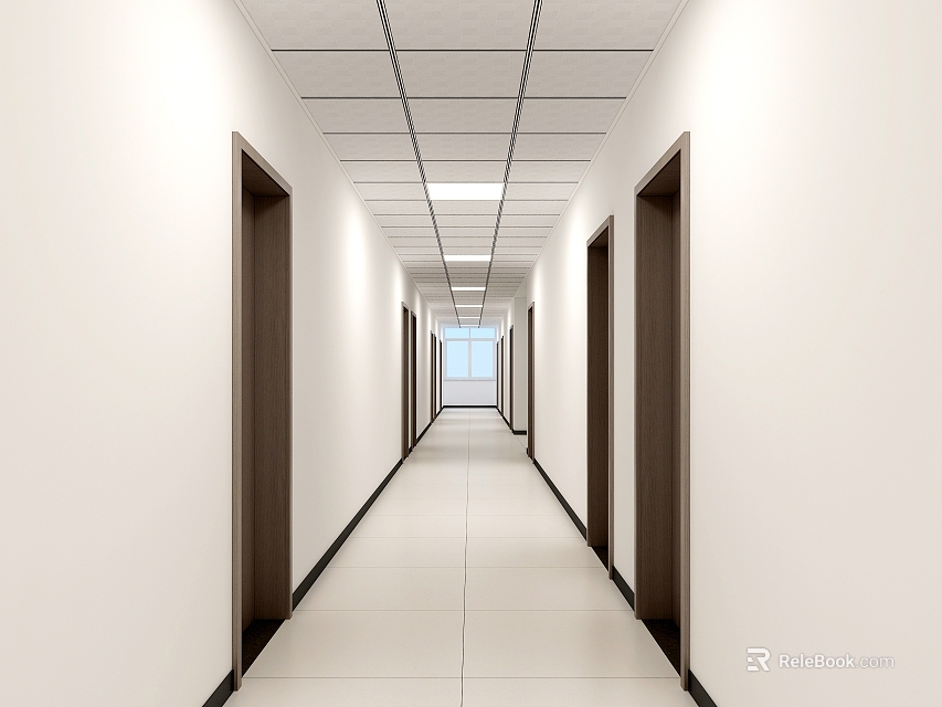 Modern Office Corridor With White Tiled Floor Grid Ceiling And Wooden Doors 3d model 