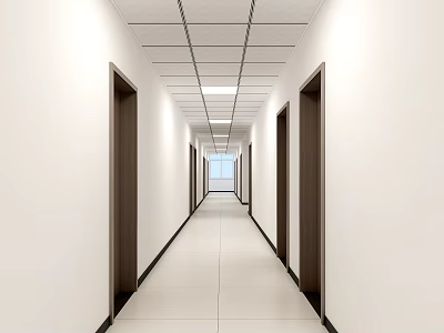 Modern Office Corridor With White Tiled Floor Grid Ceiling And Wooden Doors 3d model