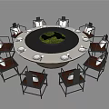 Modern Round Dining Table Set With Green Centerpiece And Surrounding Chairs 3d model