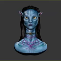 Fictional Alien Character With Blue Skin Pointed Ears Long Black Hair And Chest Patterns