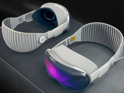 Modern Smart Glasses With Sleek Frame Striped Elastic Headband And Illuminated Purple Blue Lenses 3d model