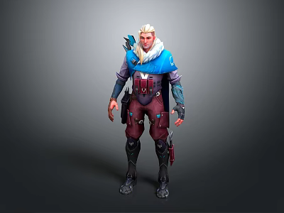 White Haired Game Character In Blue Top Red Pants With Weapon And Gear 3d model