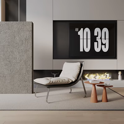 Modern Leisure Chair With Metal Frame White Cushion By Fireplace And Wooden Side Tables 3d model