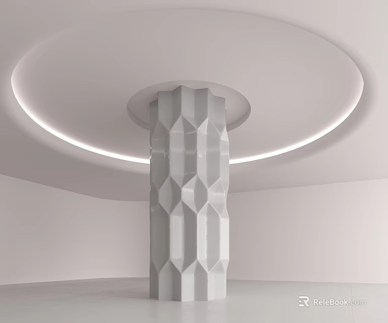 White Polygonal Textured Column in Minimalist Interior With Circular Ceiling Light Strip 3d model 