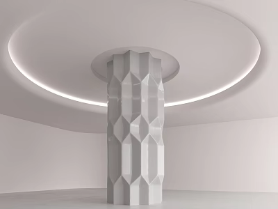 White Polygonal Textured Column in Minimalist Interior With Circular Ceiling Light Strip 3d model
