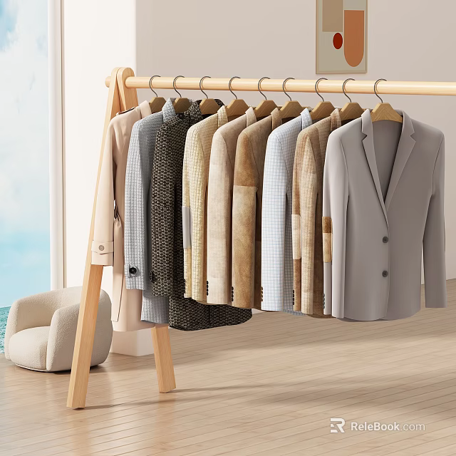 Stylish Casual Clothes Hanging On Wooden Rack In Bright Room With Natural Light 3d model 