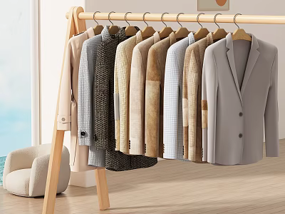 Stylish Casual Clothes Hanging On Wooden Rack In Bright Room With Natural Light 3d model