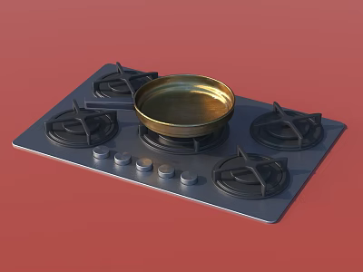 Modern Kitchen Cabinets With Gas Stove Four Burners And Golden Pan Top 3d model