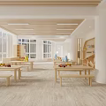Spacious Kindergarten Classroom With Wooden Furniture And Circular Ceiling Lights
