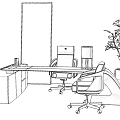 Modern Office Desk With Ergonomic Chair Blue Accent Chair Table Lamp Potted Plant And Abstract Art