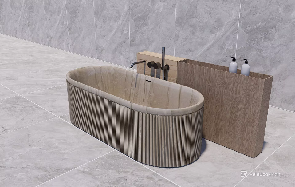 Modern Oval Bathtub with Ribbed Design and Wooden Cabinet White Bottles on Grey Marble Floor 3d model 