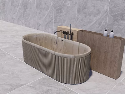 Modern Oval Bathtub with Ribbed Design and Wooden Cabinet White Bottles on Grey Marble Floor 3d model
