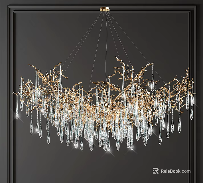 Modern Crystal Chandelier with Gold Branch Design and Transparent Crystal Pendants 3d model 