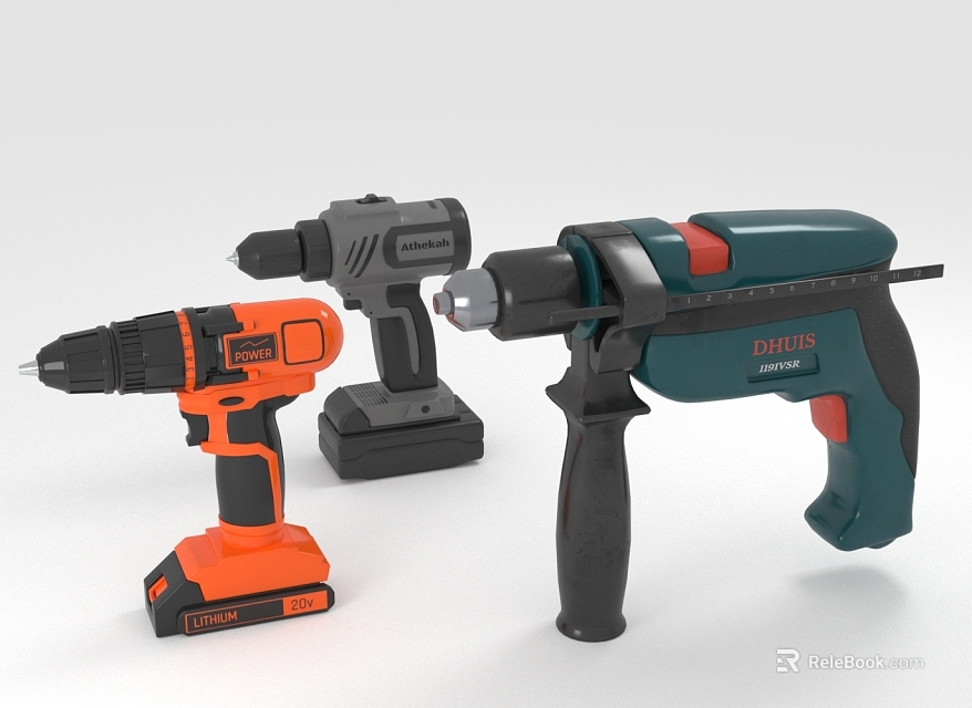 Professional Hardware Tools Featuring Colored Cordless Drills And Multiple Drill Models 3d model 