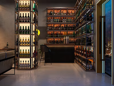 Modern Stylish Bar Interior Design With Wine Shelves Filled With Liquor Bottles And Bar Counter 3d model