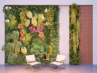 Lush Green Plant Wall With Various Plants Flowers And White Chairs In Indoor Space 3d model
