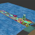 Cartoon Water Park Scene with Long Island Spiral Tower Green Areas and Yellow Sections