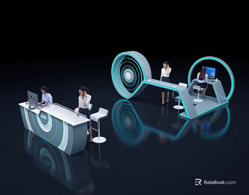 Modern Futuristic Reception Desk Featuring Circular Blue Lighting And Staff At Work 3d model 