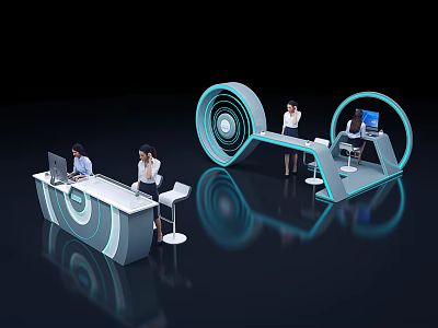 Modern Futuristic Reception Desk Featuring Circular Blue Lighting And Staff At Work 3d model