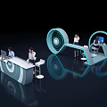 Modern Futuristic Reception Desk Featuring Circular Blue Lighting And Staff At Work