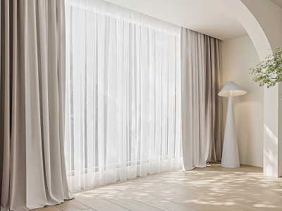Minimalist Bedroom With Gray Curtains White Sheers Large Window White Floor Lamp And Wooden Floor 3d model
