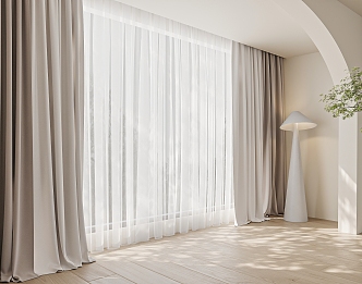 Cream Curtain Gauze Curtain Cloth Curtain Floor Lamp Wood Floor 3d model