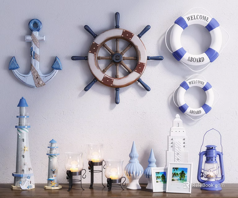 Nautical Themed Decorative Ornament Set With Anchor Ship Wheel Lifebuoy And Lighthouse 3d model 