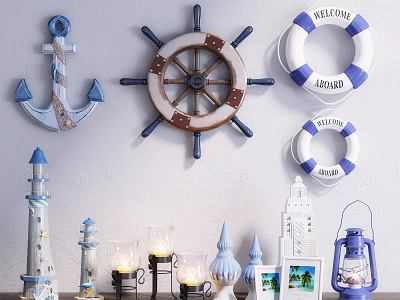 Nautical Themed Decorative Ornament Set With Anchor Ship Wheel Lifebuoy And Lighthouse 3d model