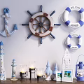 Nautical Themed Decorative Ornament Set With Anchor Ship Wheel Lifebuoy And Lighthouse
