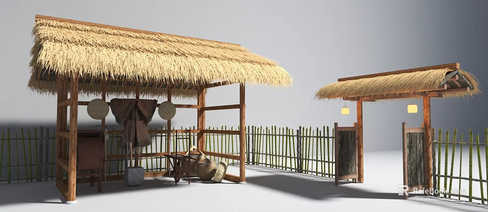 Traditional Rural Outdoor Setting With Thatched Roof Wooden Frame Bamboo Fence Hanging Clothes And Lantern 3d model 