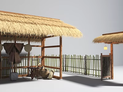 Traditional Rural Outdoor Setting With Thatched Roof Wooden Frame Bamboo Fence Hanging Clothes And Lantern 3d model