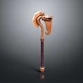 Mythical Ram Head Battle Axe Weapon With Golden Bronze Finish And Carved Wooden Handle