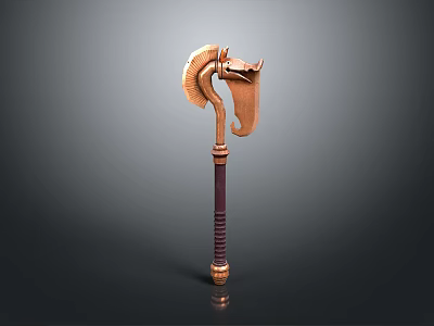Mythical Ram Head Battle Axe Weapon With Golden Bronze Finish And Carved Wooden Handle 3d model