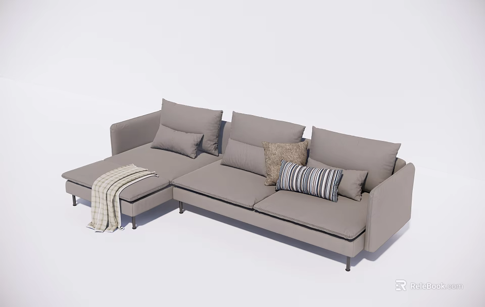 Modern Gray Sectional Sofa With Multiple Cushions And Throw Blanket 3d model
