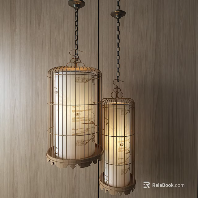 Cage Shaped Chandeliers with Metal Frames White Shades Wooden Wall Background Warm Yellow Lighting 3d model 