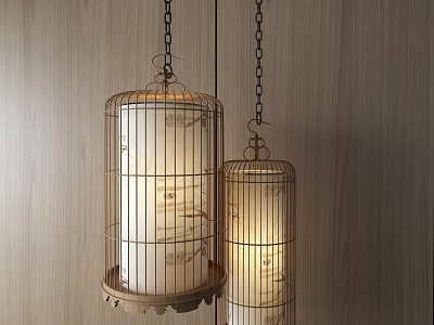 Cage Shaped Chandeliers with Metal Frames White Shades Wooden Wall Background Warm Yellow Lighting 3d model