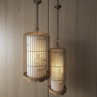 Cage Shaped Chandeliers with Metal Frames White Shades Wooden Wall Background Warm Yellow Lighting 3d model