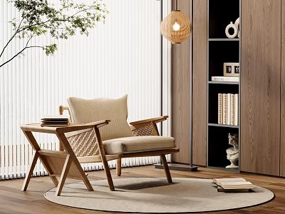 Stylish Wooden Accent Chair With Side Table On Rug Near Bookshelf Pendant Light And Plant 3d model