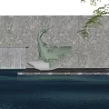 Metal Sculpture With Irregular Shape Branch Like Lines By Waterfall Gray Wall And Water Reflection
