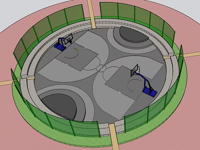 Circular Outdoor Basketball Court Design With Green Fencing And Multiple Hoops Surrounding Court Areas 3d model